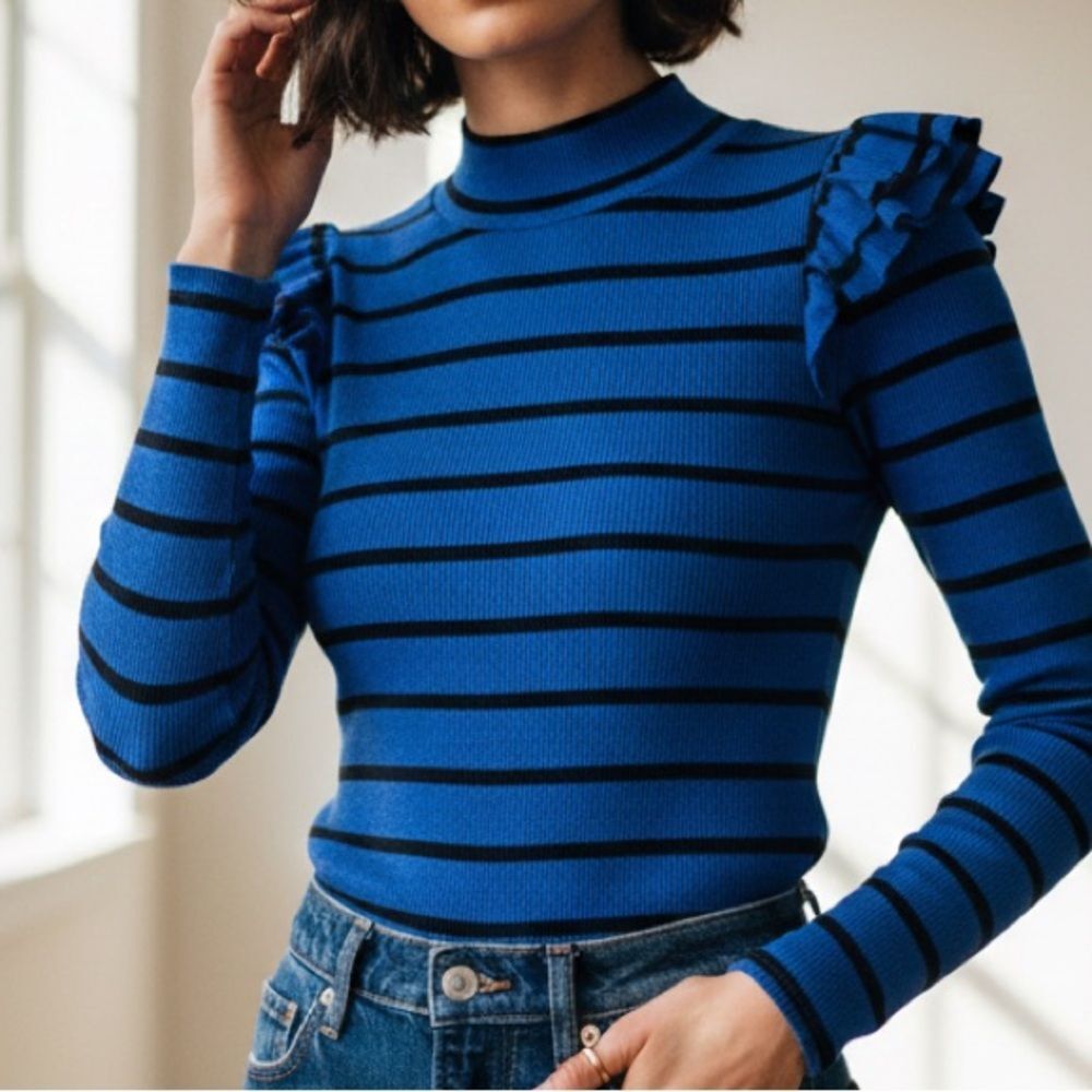 Blue & Black Striped Ribbed Knit Mock Neck Top Ruffle‎ Shoulder Long Sleeve XL